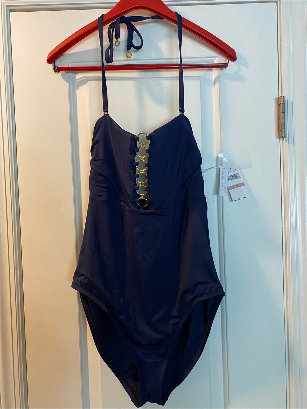 Trina Turk Body Contouring Side Support Gold Embellishment Swimsuit Halter NWT